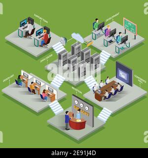 Development office isometric design concept with reception data center conference hall support service elements flat vector illustration Stock Vector