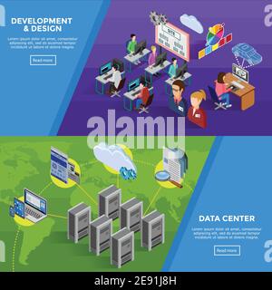 Development isometric horizontal banners with structure of data collection and creative command of developers and programmers flat vector illustration Stock Vector