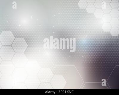 Gray abstract background technology with hexagonal shapes and half tone effect. Bright background and vibrant color. Stock Vector