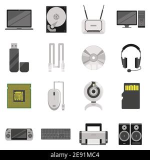 Laptop and computer with components and accessories and electronic devices flat icons set isolated vector illustration Stock Vector