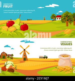 Flat design horizontal banners set with beautiful farm landscapes veggies and fruit harvest isolated vector illustration Stock Vector