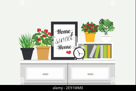 Sweet Home modern interior design poster with houseplants and alarm clock on bookshelves flat vector illustration Stock Vector