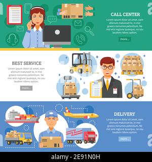 Three horizontal logistics delivery banner set on different themes call center best service and delivery vector illustration Stock Vector
