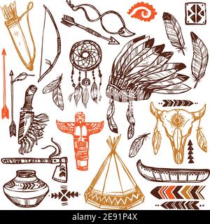 Native americans set with hand drawn feathers headband and traditional patterns isolated vector illustration Stock Vector
