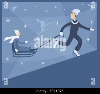Family activity in winter time. Father and son having fun on a sleigh ride. Winter holidays concept. Monochrome vector illustration for flyer or poste Stock Vector