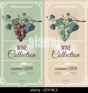 Two vertical banners in retro style representing vine label advertising wine collection premium quality flat vector illustration Stock Vector