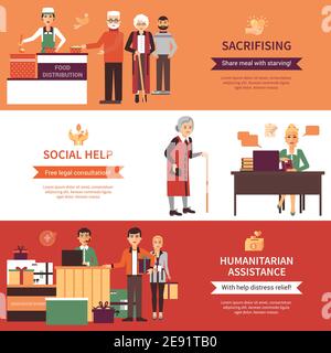 Volunteers people banners set of food distribution social help with legal consultations and humanitarian assistance compositions flat vector illustrat Stock Vector