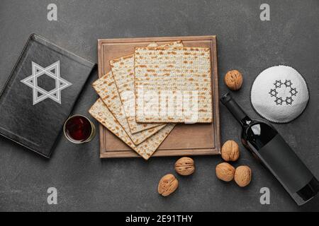 Composition With Jewish Flatbread Matza For Passover And Red Wine On 