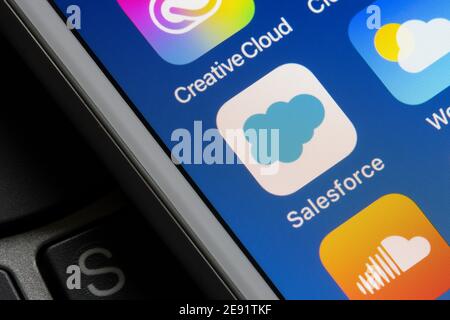The Salesforce app icon is seen on an iPhone on January 30, 2021. Salesforce.com, Inc. is an American cloud-based software company. Stock Photo