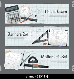 Science mathematic horizontal banners set with stationery measuring equipment calculator and written solutions vector illustration Stock Vector