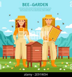 Honey beekeeping illustration poster people working at an apiary on background of fresh air and flying bees vector illustration Stock Vector