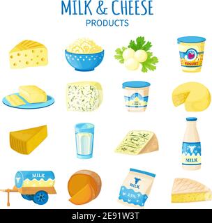 Color icons set of dairy products with cheese butter curd yogurt sour cream and milk bottle isolated vector illustration Stock Vector