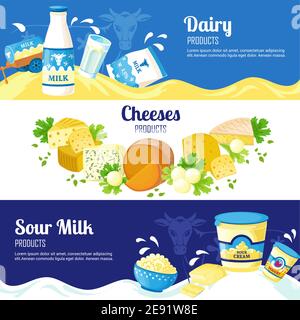 Dairy products horizontal banners with advertising of different cheeses sour cream and milk flat vector illustration Stock Vector