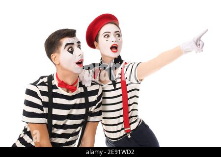 Male and female pantomimists on white background Stock Photo