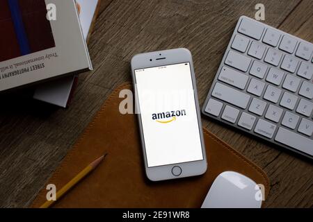 The  Amazon Shopping app is seen loading on an iPhone on February 1, 2021. Stock Photo