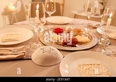 Table served for Passover Seder (Pesach) Stock Photo