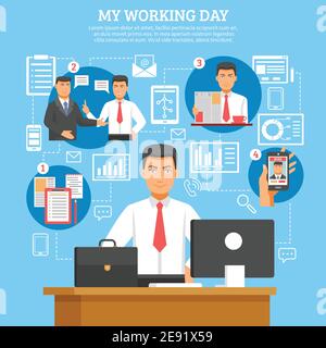 Man daily routine poster with descriptions what businessman doing every day from morning till evening vector illustration Stock Vector