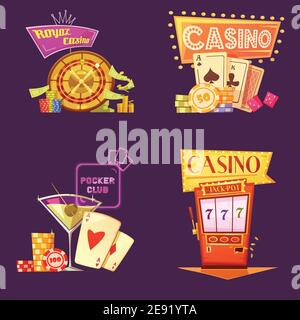 Royal casino retro cartoon 2x2 icons set with poker club slot machine chips and gain on purple background flat isolated vector illustration Stock Vector