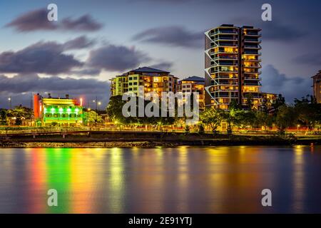 Brisbane, Australia - Residential apartments at night along the Brisbane river Stock Photo