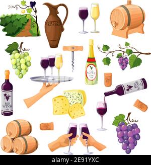 Color wine icons set on white background with glasses and bottles of red and white wine varieties jug and barrels flat vector illustration Stock Vector