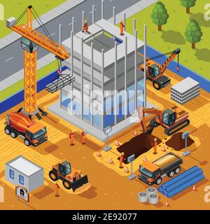 Construction of multistory building isometric design concept with crane bulldozer workers pipes concrete slabs flat vector illustration Stock Vector