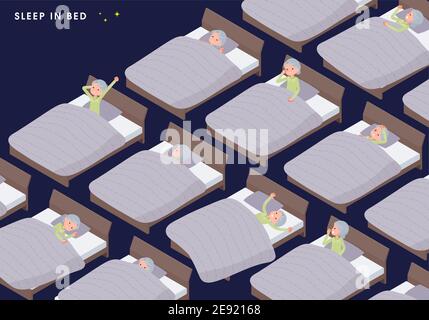A set of senior women in various poses sleeping in bed.It's vector art so easy to edit. Stock Vector