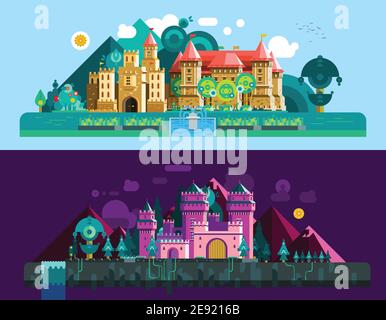 Castles horizontal banners with colorful antique palace and mansion in day and night time isolated vector illustration Stock Vector