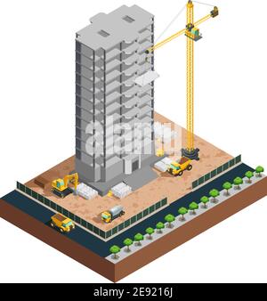 Process of many-storeyed building construction isometric composition with various vehicles and materials on white background vector illustration Stock Vector