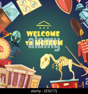 Color invitation to museum in cartoon style with dinosaur armor vector illustration Stock Vector