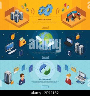 Datacenter isometric three horizontal banners with server tuning cloud data and file sharing design compositions flat vector illustration Stock Vector