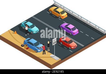 Traffic road accidents isometric composition with car evacuator lifting ...