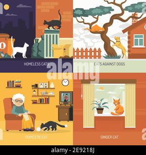 Breed cats 2x2 design concept with homeless characters outdoors and domestic pets in home interior flat vector illustration Stock Vector