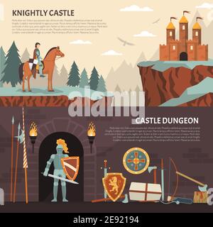 Medieval knight horizontal banners with knightly castle and castle dungeon decorative compositions flat vector illustration Stock Vector