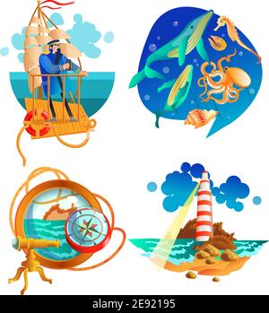 Nautical sea symbols 2 flat icons set with sailboat captain and  lighthouse vintage abstract isolated vector illustration Stock Vector