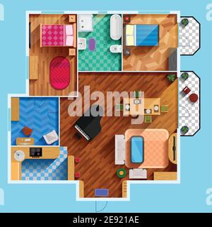 Architectural floor plan of house with two bedrooms living room kitchen bathroom and furniture flat vector illustration Stock Vector