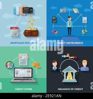 Credit rating 2x2 design concept set of  mortgage payments credit score issuance of credit compositions flat vector illustration Stock Vector