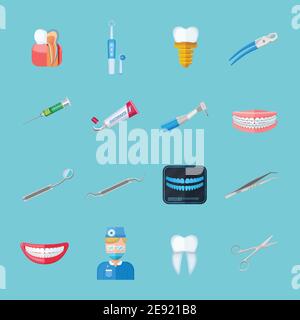 Dentist isolated flat icons set of dental tweezers syringe forceps dentures toothbrush tube of toothpaste vector illustration Stock Vector
