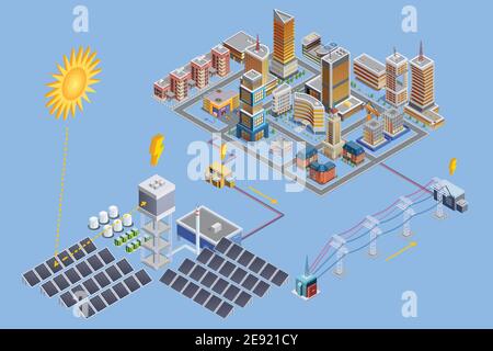 Isometric poster of modern city which gain energy from  solar electricity station with mirror plates vector illustration Stock Vector