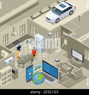 Internet of things smart urban home interior concept isometric poster with remote controlled appliances abstract vector illustration Stock Vector
