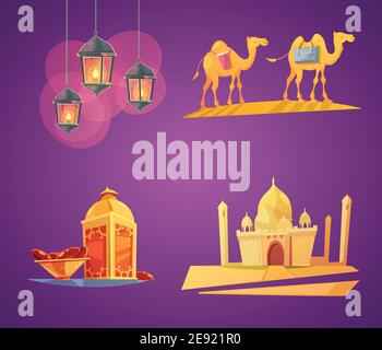 Color cartoon retro composition 2x2 with purple background depicting ramadan elements vector illustration Stock Vector