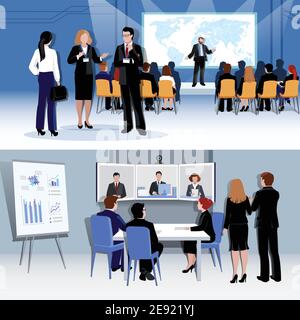 People meeting concept with conference  discussion brainstorming negotiation in flat style vector illustration Stock Vector