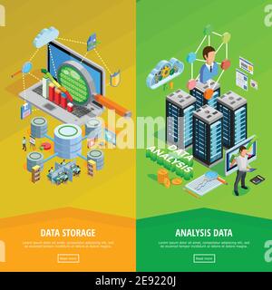 Big data storage and analysis technology informatio decisions 2 isometric vertical banners webpage design isolated vector illustration Stock Vector