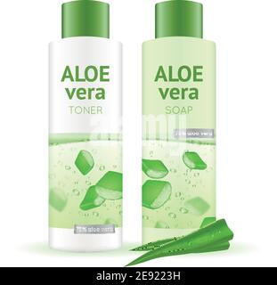 Leaves and bottles with aloe vera water toner and soap on white background realistic vector illustration Stock Vector