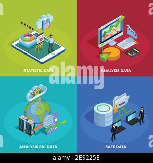 Big data collecting safe storage and analytic analysis for business efficiency 4 isometric icons square isolated vector illustration Stock Vector