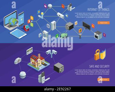 Internet of things home comfort and safety remote control 2 isometric banners webpage design isolated vector illustration Stock Vector