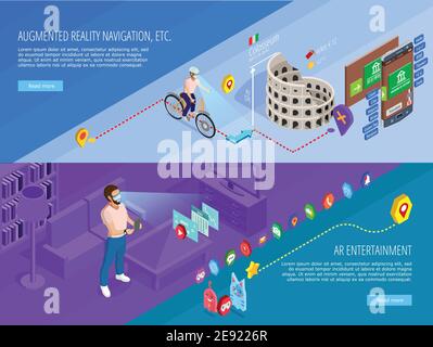 Augmented reality navigation entertainment 2 horizontal isometric banners webpage design with virtual travel games isolated vector illustration Stock Vector