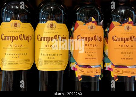 Tyumen, Russia-January 31, 2021: bottles of Campo Viejo Rioja red wine. variedad de uva Tempranillo 2018, reserva 2015 Stock Photo