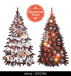 Hand drawn christmas tree decorated with balls and covered wish snow set isolated vector illustration Stock Vector