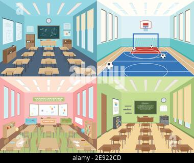 Isometric school 2x2 compositions presenting different classrooms for maths art and literature and sportroom vector illustration Stock Vector