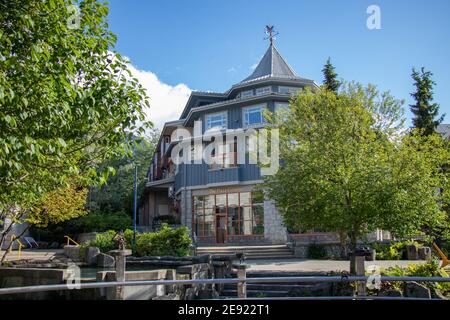Whistler, Canada - July 5,2020: View of sign The Plaza Galleries Building in Whistler Village Stock Photo